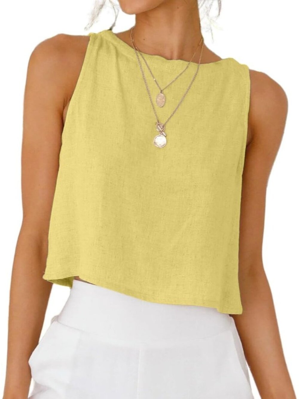 Women's Yellow Button Linen Summer Beach Sleeveless Imported Tank Top
